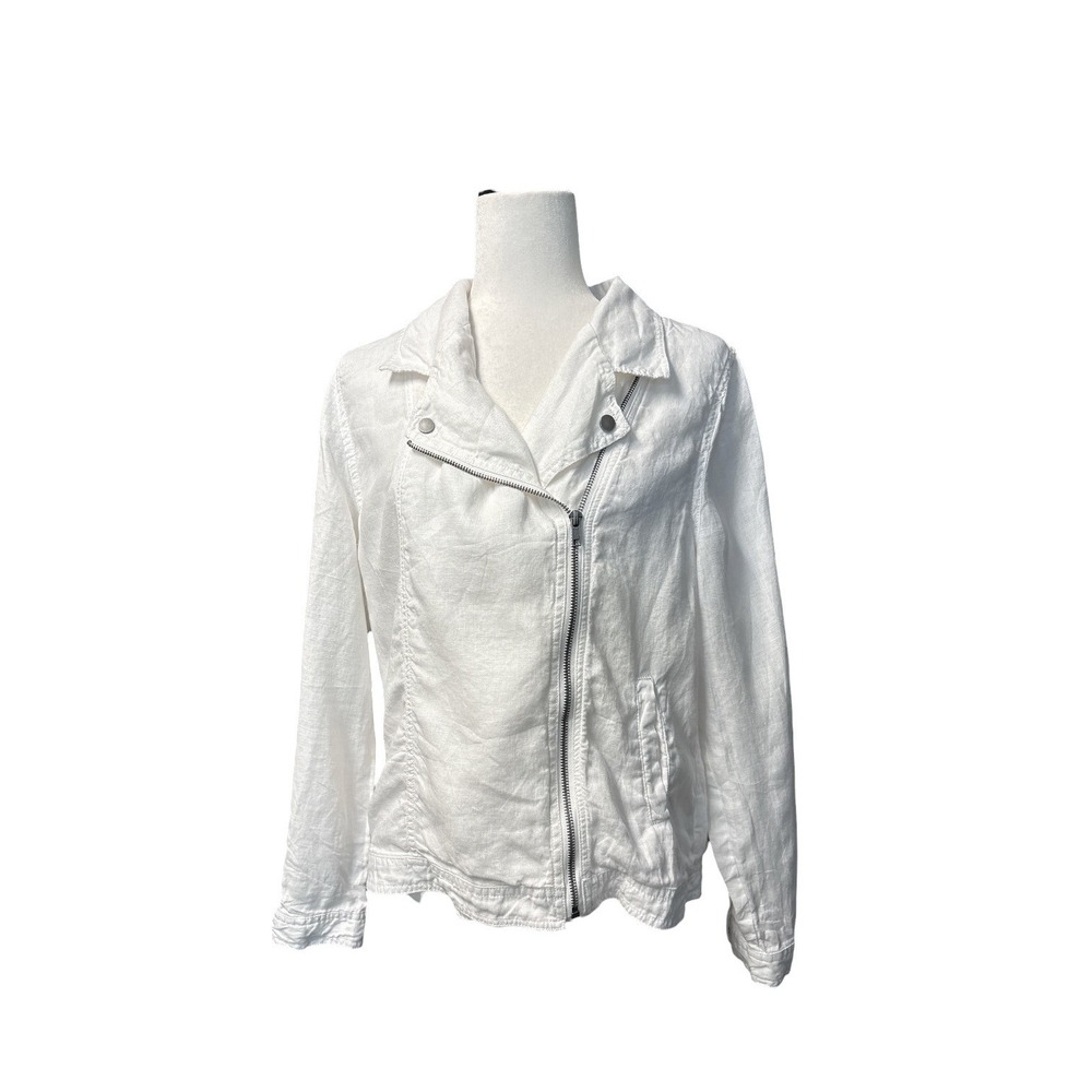 Cynthia Rowley White 100% Linen‎ Asymmetrical Zip Moto Jacket Women's Large